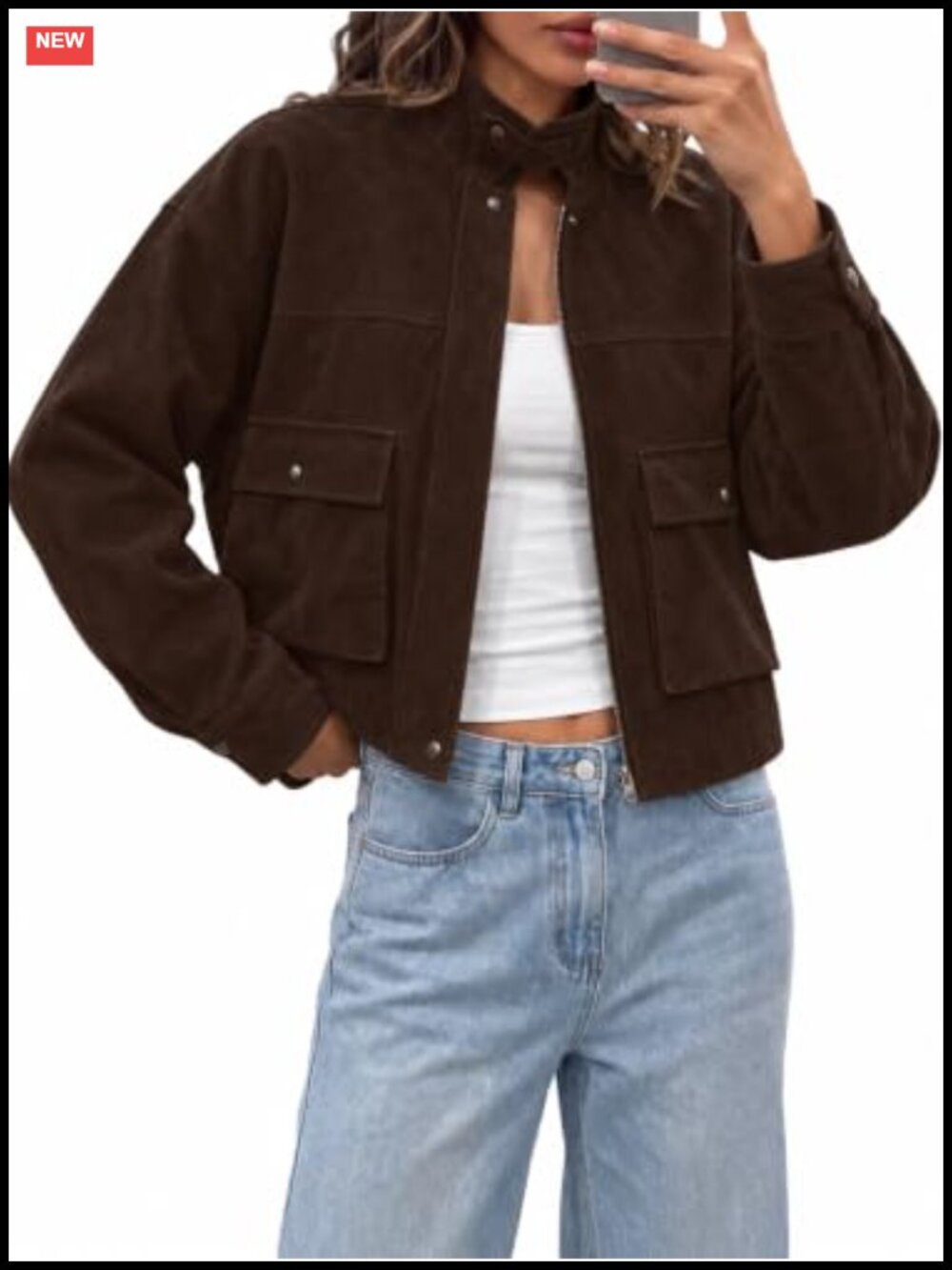 Faux Suede Bomber Jacket Cropped Utility Coat Fall Casual Outwear